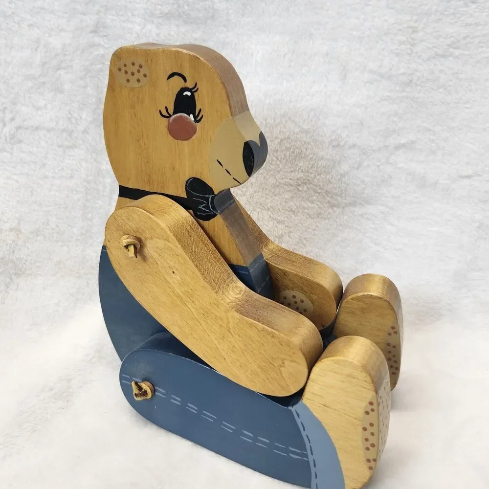 Vintage Handmade Wooden Teddy Bear Figurine Seated Articulated Nursery Blue Jean